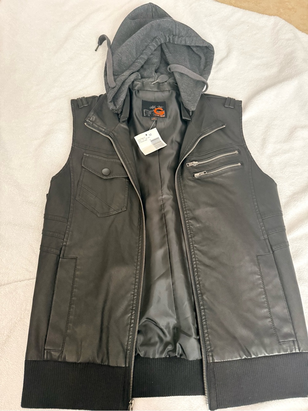G by Guess Black Faux Leather Hooded Vest with Gray Hood